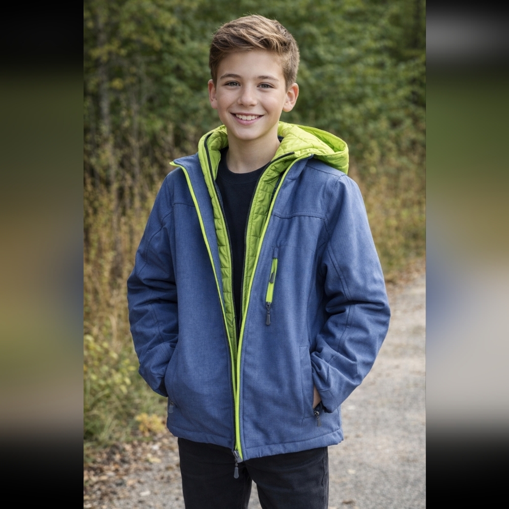 Hawke & Co Winter Sport Jacket, Dbl Zipper, Boy/Teen, Blue w/ green Trim& Hoodie